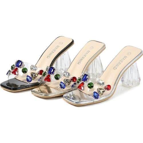 Pvc woman clear slipper gem square head party daily rhinestone sandals pumps female mules women summer new 2020 size 46 Open