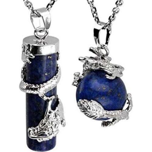 Trendy-beads Classic Silver Plated Chinese Dragon Wrap Lapis Lazuli Pillar and Round Bead Pendant