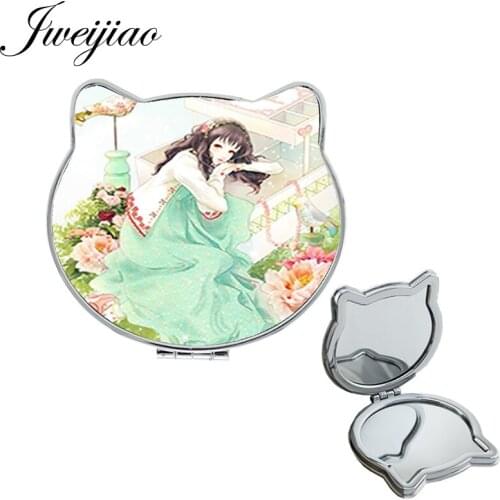 Youhaken vintage art Oriental Girl pictures Print leather PU Cat Ear Shaped Beauty Health Travel Folding Mini Mirror DM87