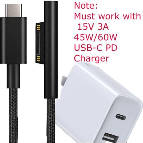 For Microsoft Surface Pro 4 6 5 3 GO Charger Power Supply USB C Type C PD Fast Charging Cable 15V 3A for Surface Pro 3/4/5/6/GO