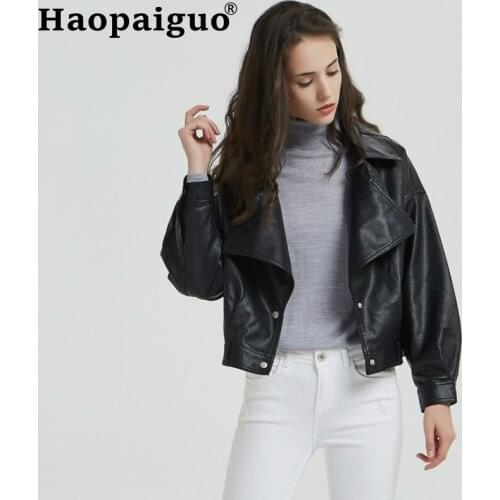 2019 Modis BF Women Washed PU Faux Leather Coat Jackets Ladies Autumn Winter Black Matte Motorcycle Zippers Coats Streetwear