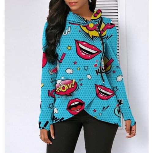 2021 Autumn New Ladies Long-Sleeved Hoodie with Hood Zipper Lips Irregular Sweater T-Shirt