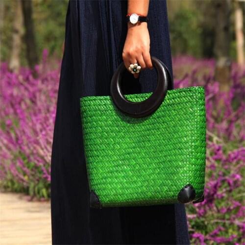 30x26CM Thailand Hand-woven Straw Bag Women Vacation Casual Handbag Hand-held Literary Retro Handbag a6105