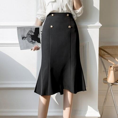 Women Summer High Waist Mermaid Skirts New Arrival 2021 Fashion Office Style Double-breasted Ladies Elegant A-line Skirts W432