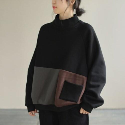 Ladies Plus Velvet Autumn Winter Korean Style Loose Thin Half High Neck Women Stitching Art Style Harajuku Casual Thickening Top