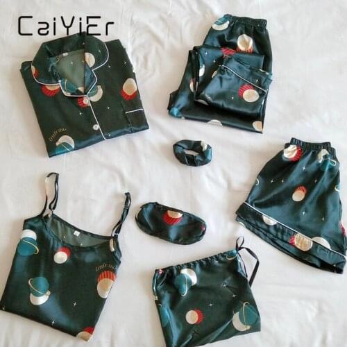 CAIYIER 7PCS Star Print Women Pajamas Set Silk Stain Spring Autumn Winter Sexy Sling Lingerie Robe Shorts Nightwear Homewear
