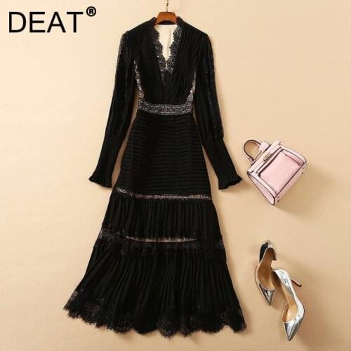 DEAT Woman Dress Solid Lace Hollow Out V Collar Lantern Sleeve High Waist Elegant Vintage Style 2021 New Summer Fashion 15XM613