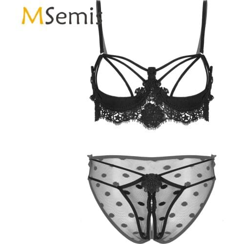 Womens Crotchless Lingerie Underwear Set Lace Embroidered Nightwear Push Up Underwire Strappy Bra with Open Crotch Briefs