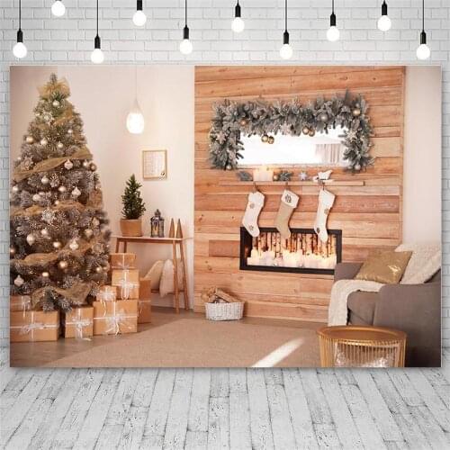 Avezano Photo Backdrops Winter Merry Christmas Tree Gift Fireplace Socks Bell Decoration Photography Background For Photo Studio