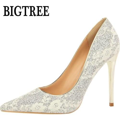 BIGTREE Summer Womens Pointed Toe High Heel Shoes Woman Shallow Pumps Ladies Nightclub Sexy Sequined Thin Heels Stilettos Shoes