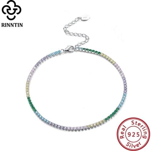 Rinntin Real 925 Sterling Silver Prong Setting Tennis Chain Anklet AAAA Colorful Zirconia Wedding Jewelry For Bridal TSA04