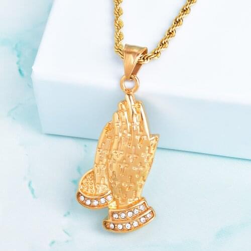Praying Hand Pendant Stainless Steel Necklace Gold Color Rhinestone Mens Hip Hop Christian Apostle Lucky Jewelry Necklace