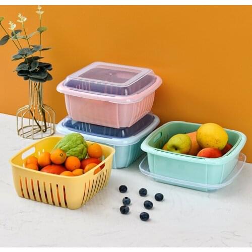Double-layer Vegetable Washing Basket Drain Basket Kitchen Fruit Dish Washing Household Dust-proof Storage Basket With Lid