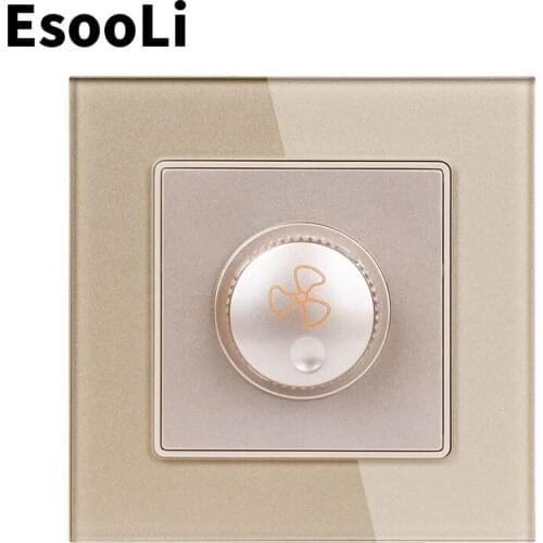 Esooli Gold Fan Controller Regulator Crystal Glass Panel Wall Switch Interruptor 16A Maximum 300W Fan Speed Control Switch