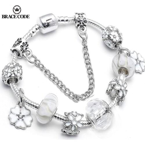 Hot Sale White Crystal Flower Dangles Charm Bracelet Plant Beads Brand Bracelet For Women Couple Anniversary Jewelry