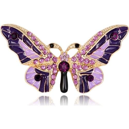 HOSENG 4 Colors Available Crystal Rhinestone Butterfly Brooch Women Retro Elegant Purple Pin Gift HS_3456