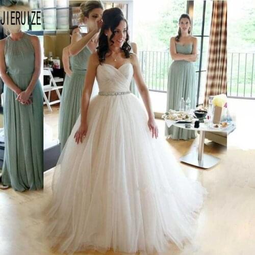 JIERUIZE New Pleat Tulle Wedding Dresses Sweetheart Neck Backless Crystal Sashes Simple Boho Bridal Dresses Vestido De Noiva