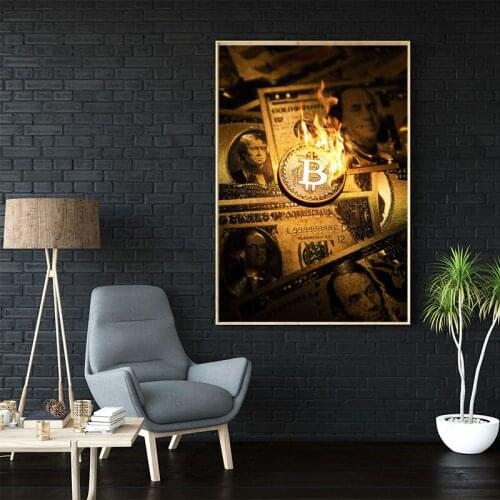 Burning Bitcoin Canvas Painting Wall Art Fire Dollar Bill Poster Prints Wall Pictures for Living Room Decor Home Decoration