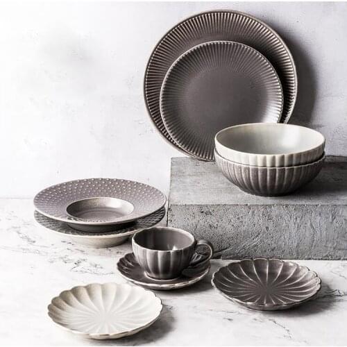 Japan Style Classic Grey Dinner Plates Home Tableware 10inch Dinnerware Sets Relief Decor Rice Bowl Fruit Plate Dishes