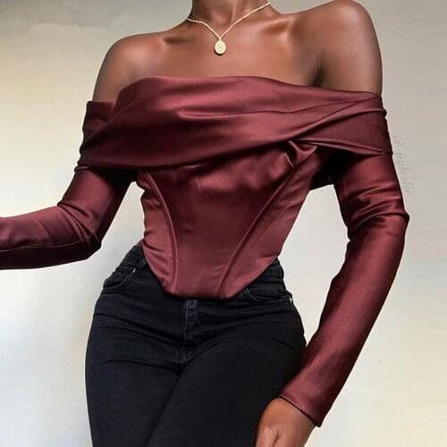 Satin Off Shoulder Crop Top Women Long Sleeve Bodycon T-shirt Ladies 2021 New Spring Streetwear Skinny Women Slim Top