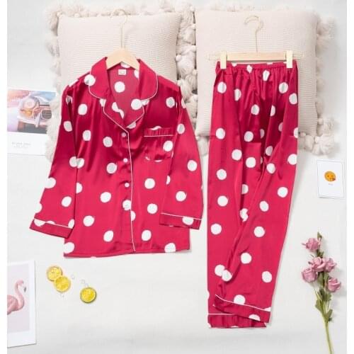Lisacmvpnel Dot Print Women Pajama Set Ice Silk Soft Touch Long Sleeve Suit Pyjamas
