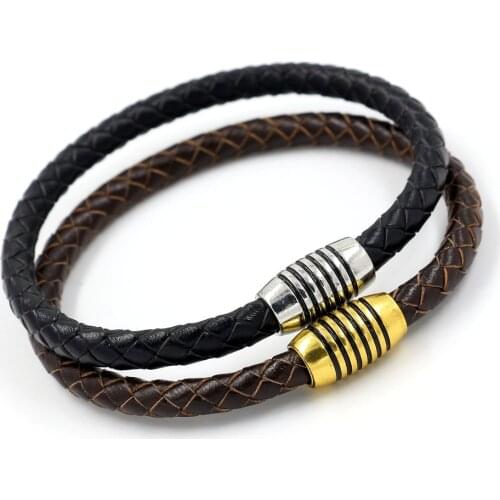 Mens Simple Leather Braided Rope Bracelet Striped Magnetic Buckle Leather Bracelet Leather Strap Bracelet