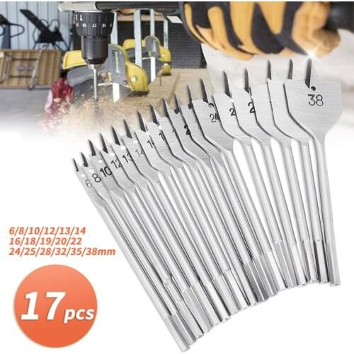 17Pcs Metric Sizes 6-38MM Woodworking Machine Hexagonal Handle Flat Wood Drill Bits Set Bit Wallated Wood Open Hole