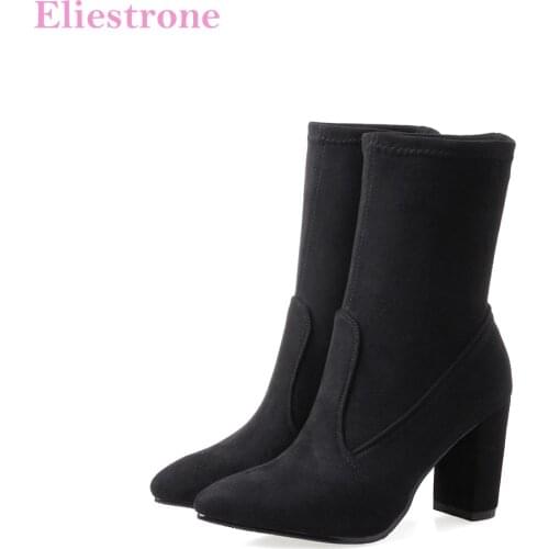 Hot Brand New Winter Glamour Gray Khaki Women Motorcycle Boots Lady Nude Shoes Square High Heels AB017 Plus Big Size 11 32 43 46