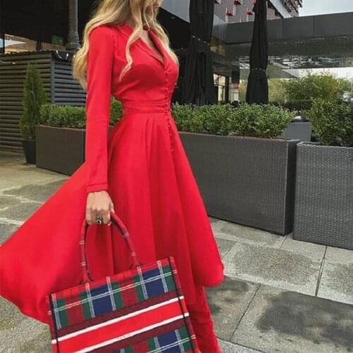 Fashion Long Sleeve Button Autumn Dress Women Elegant Solid Office Ladies Slim Waist Dress Sexy Deep V Neck Pleated Party Dress