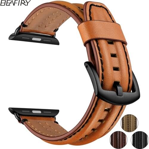 BEAFIRY Genuine Leather For Apple Watch band 5 44mm 40mm Watch Strap for iwatch 38mm 42mm Series 4 3 2 1 Brown Black Watchband