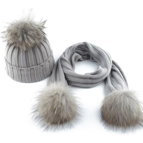2-6 age Children Real Fur Pompom Knitted Beanie Hats Scarves Set Suit Baby Boys Girls Hats Scarf Winter Warm 2019