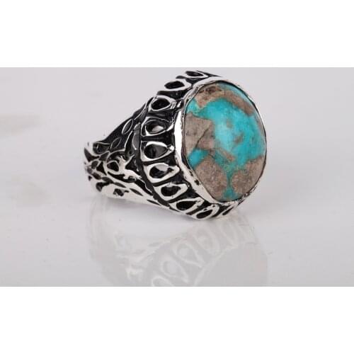 UM US JEWELRY Turquoise Natural Stone Hand Embroidered 925 Sterling Silver Men Ring