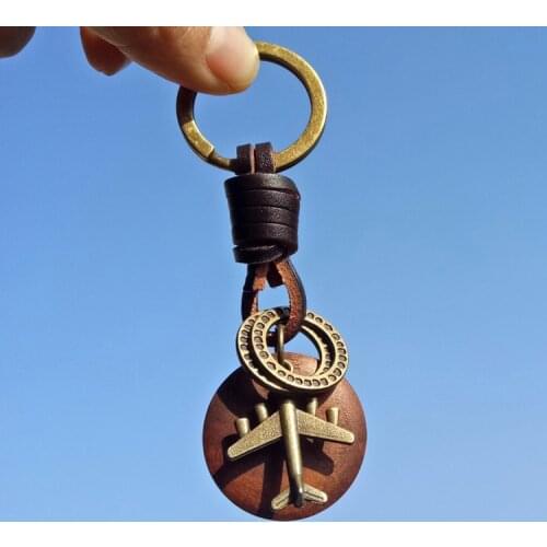 New Vintage Key chain Handmade Leather Keychain Round Wood Bronze Airplane Pendant New Car Key Ring