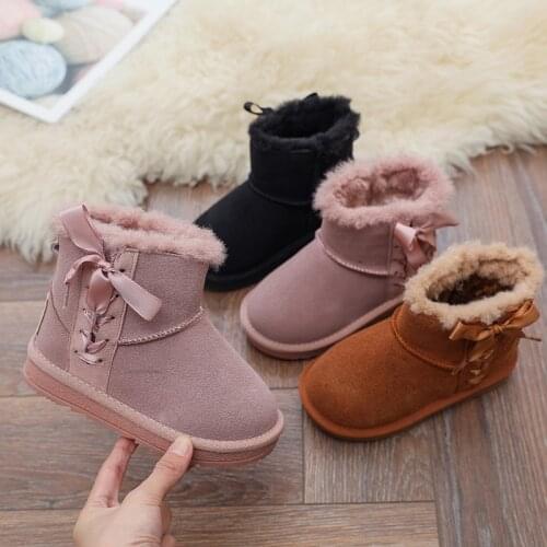 3-12 Year Fashion Bow Plush Warm Winter Snow Ankle Boots For Children Shoes For Girl Shoes For Kids 2021 Suede Zip Furry Boots
