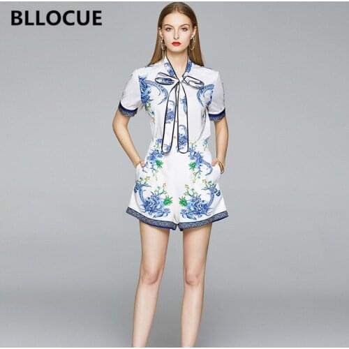 BLLOCUE 2020 Summer Floral Printed Women Office 2 Piece Set Vintage Bow Neck Short Sleeve Shirt Top + Pocket Wide Leg Shorts Set