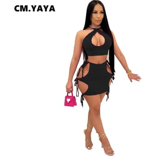 CM.YAYA Beach Sexy Sweatsuit Women Two 2 Piece Set Outfits Crop Tops and Lace Up Midi Mini Skirts Matching Set Tracksuit 5 Color