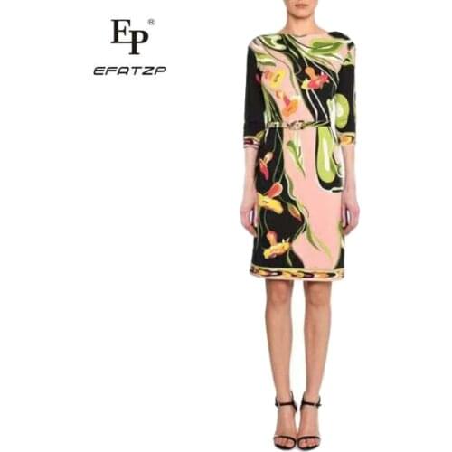 New Fashion 2018 Designer Dress Womens 3/4 Sleeves flowers Print XXL Stretch Jersey Slim Silk Day Dress