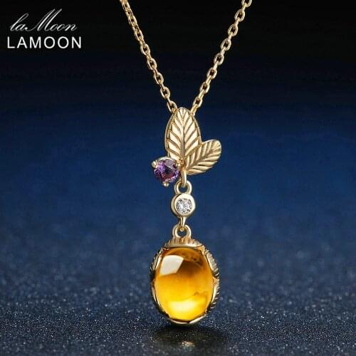 LAMOON 925 Sterling Silver Necklace Citrine Gemstone Pendant Necklace For Women 14K Gold Plated Leaf Shape Fine Jewelry LMNI010