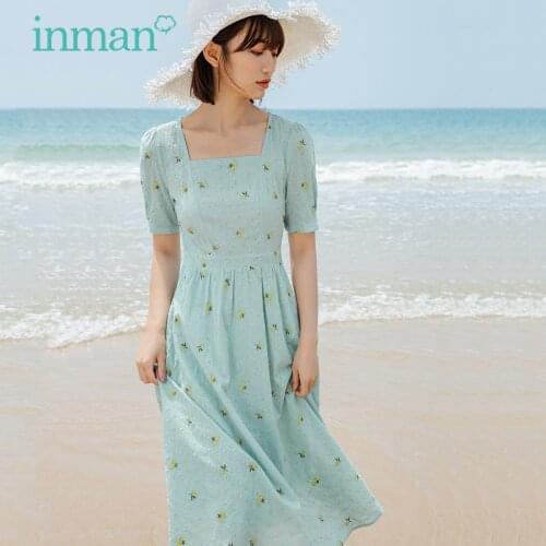 INMAN Summer Womens Dress Square Collar Hollow Stereoscopic Jacquard Folded Sleeves Slim Droopy Large Hem A-Line One-Piece