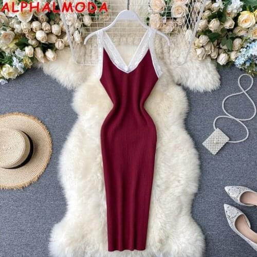ALPHALMODA 2020 Summer Women New Lace Patchwork Sweet Knit Dress Solid Color Pullovers Slim Ladies Fashion Sling Dress