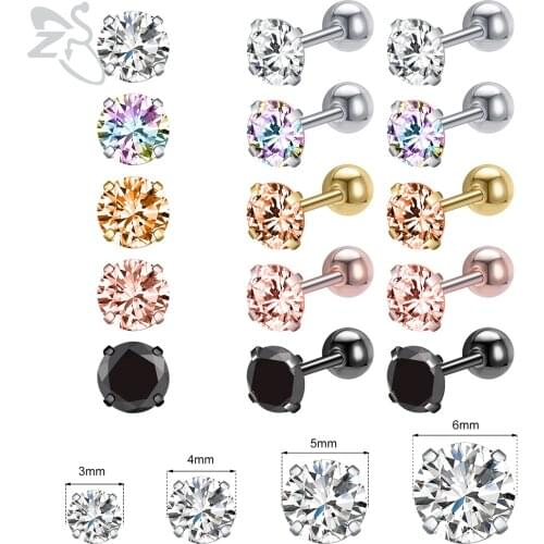 ZS 5 Pairs/lot Colored Round CZ Crystal Stud Earring Set 20g Black Gold Color Stainless Steel Helix Cartilage Piercing 3/4/5/6MM