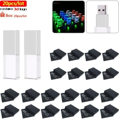 20pcs/lot usb 2.0 4GB 8GB 16GB 32GB ferr logo transparent glass crystal usb flash drives with LED light pendrive business gift