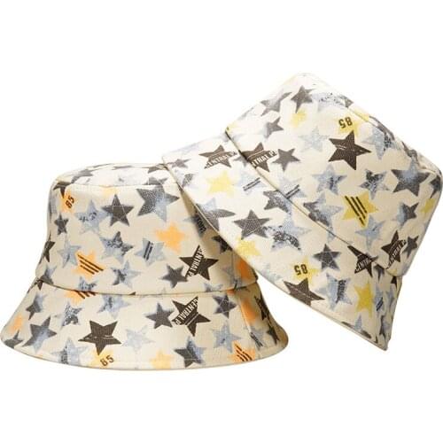 2021 Vintage Bucket Hat Reversible Hip Hop Cap Star Print Cotton Summer Fisherman Hats For Women Men