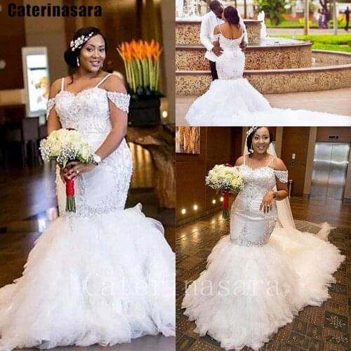 Beads Sweetheart Off-the-shoulder Ruffle Mermaid Wedding Dress with Spaghetti Straps Plus Size
