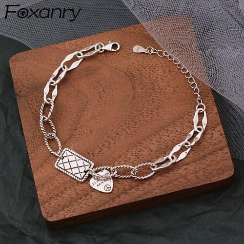 Foxanry 925 Sterling Silver Chain Brcacelet for Women New Fashion Vintage Punk English Letter Tag Pendant Party Jewelry Gifts