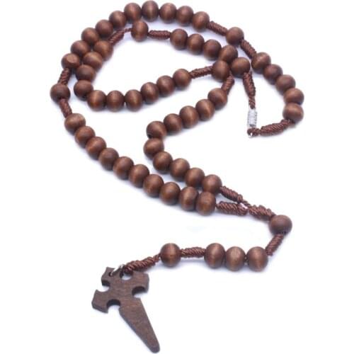 Jesus Wooden Prayer Beads 6mm Rosary Cross Necklace Pendant Woven Rope Chain Jewelry Accessories Church Supplies