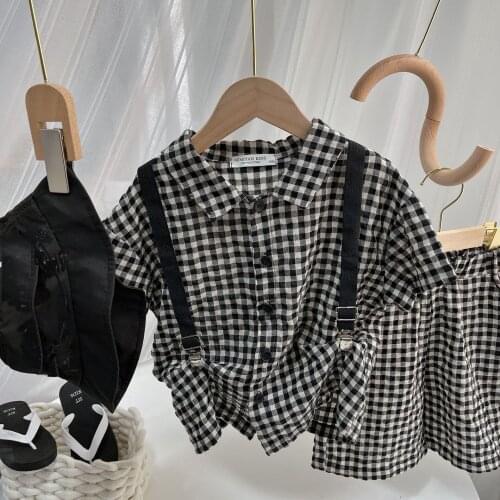 Kids Clthing Sets 2PCS Plaid Tee and Shorts Baby Clothes Boys Girls Summer Outfits Short Sleeve Linen and Cotton