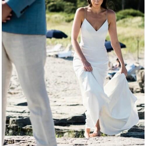 Elegant Satin Long V-Neck Wedding Dresses Mermaid Sapghetti Straps Floor Length Maxi Bridal Gowns for Women