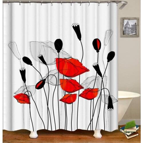 Graffiti Gris Fleur Rouge Bourgeon Noir sur Fond Blanc HD Facile à Nettoyer Rideau de Douche