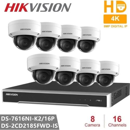 Hikvision Video Surveillance DS-7616NI-K2/16P Embedded Plug & Play NVR 4K H.265+ 8pcs Hikvision DS-2CD2185FWD-IS H.265 IP Camera
